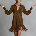 thumbnail image 5 of BLTIBY Womens Suede Mini Dress Spring Long Puff Sleeve Deep V Neck Lapel Fringe Hem Loose Dresses Retro Western Party Casual Dress Brown XL, 5 of 7