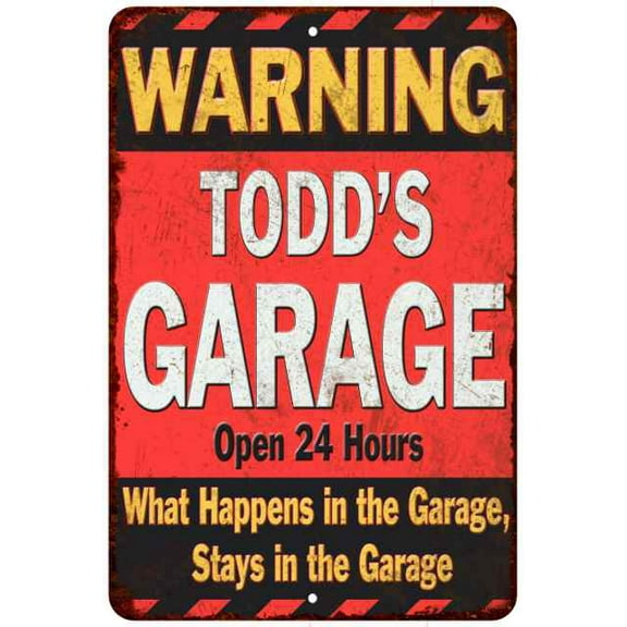 TODD'S Garage Warning Man Cave Wall Decor 8 x 12 High Gloss Metal 208120030091