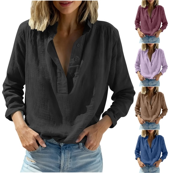 XUNKUSGA Cotton Line Long Sleeve Shirts for Women Casual Button V Neck Gauze Blouses for Women Soild Color Lightweight Summer Beach T-Shirts for Women S-2XL Purple