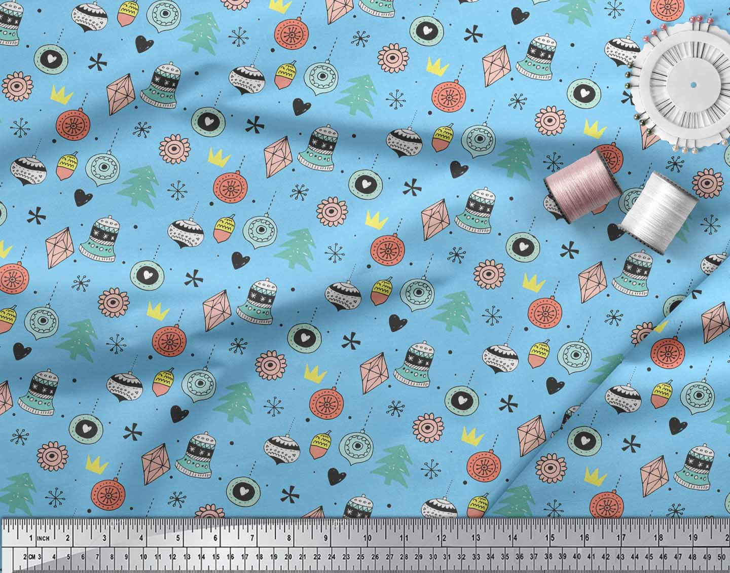 Soimoi Blue Heavy Satin Fabric Tree & Ornament Christmas Print Sewing Fabric Yard 54 Inch Wide