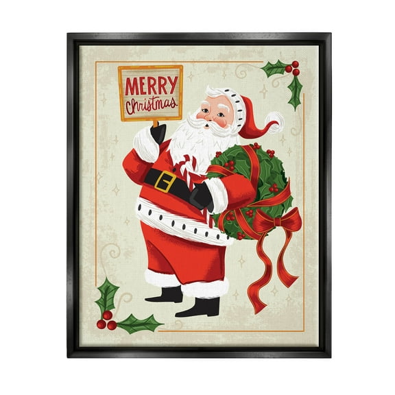 Stupell Industries Vintage Merry Christmas Santa Graphic Art Jet Black Floating Framed Canvas Print Wall Art, Design by Arrolynn Weiderhold