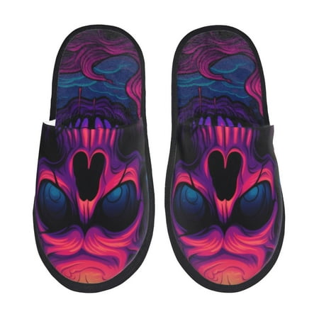 Balery Purple-Red Skull Slient Indoor Furry Fleece Comfort House Shoes Soft Non-Slip Home Shoes Cotton slippers House Slippers-- Medium