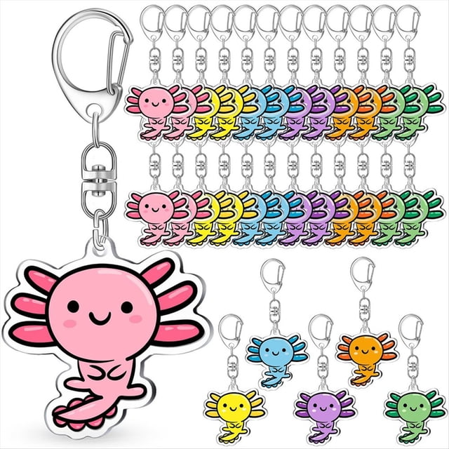 24 Llaveros con Dijes de Ajolote: Regalos Multicolores para Fiestas de Cumpleaños, Regalos Escolares y Decoraciones.