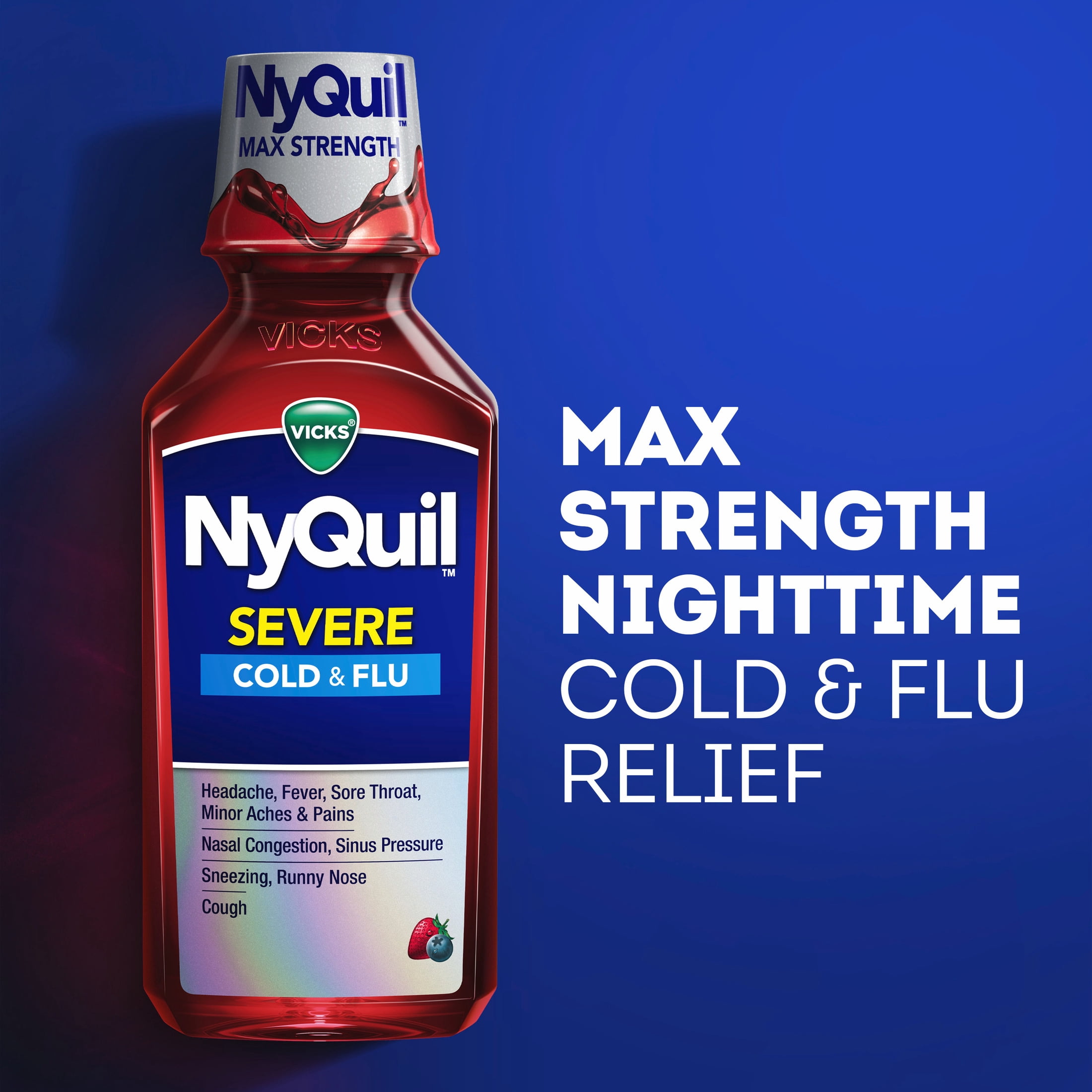 Vicks NyQuil SEVERE Cold & Flu Liquid, Nighttime Cold and Flu Medicine, Berry, 2x12 fl oz