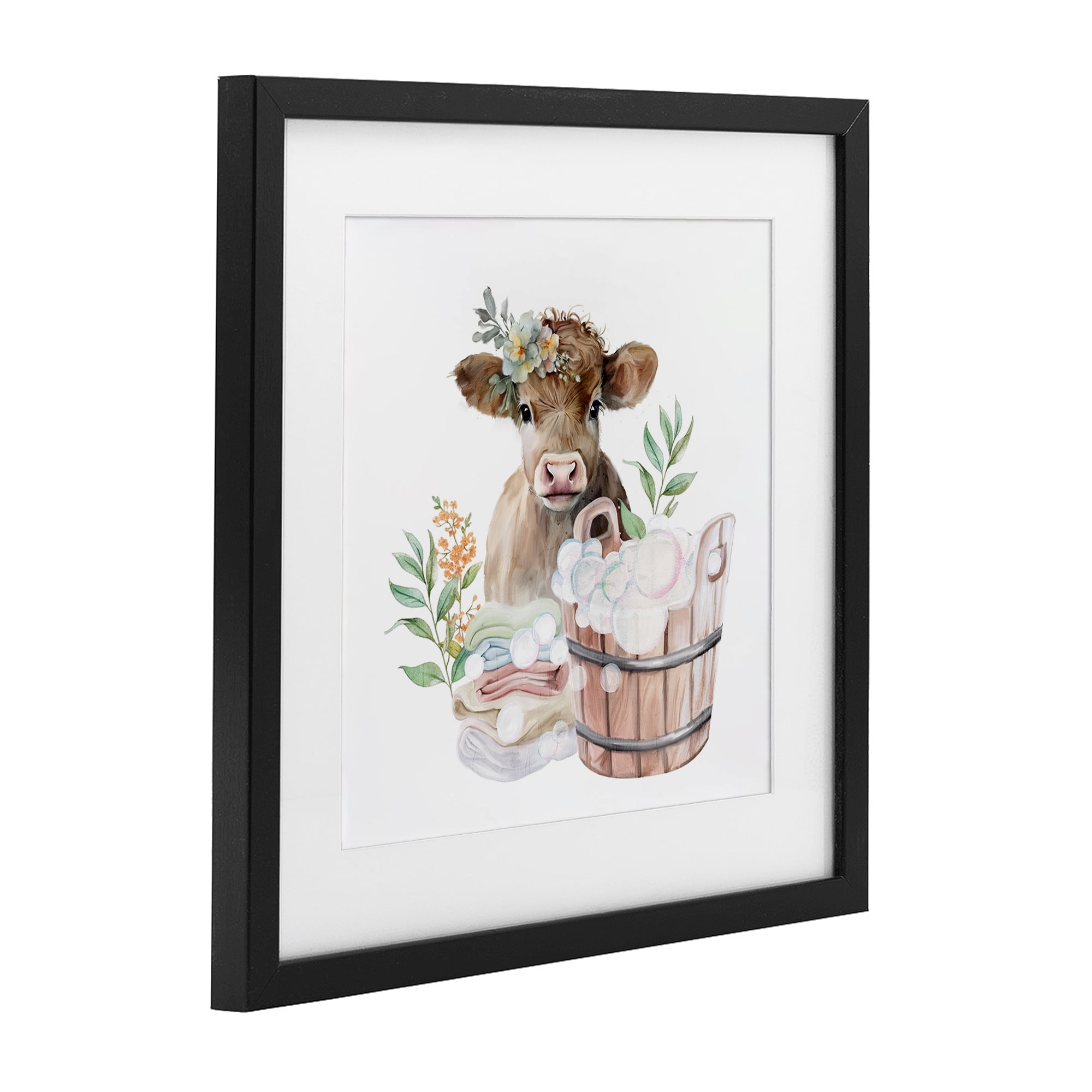 Laundry Day Baby Cow Black Framed Print Under Glass, design by Kim Allen