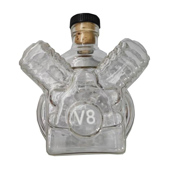 V8 Engine Shaped Whiskey Decanter - Clear Glass Liquor Bottle With Black Cap For Whiskey, Bourbon, Tequila Enthusiasts, Home Bar Decor, Gifting