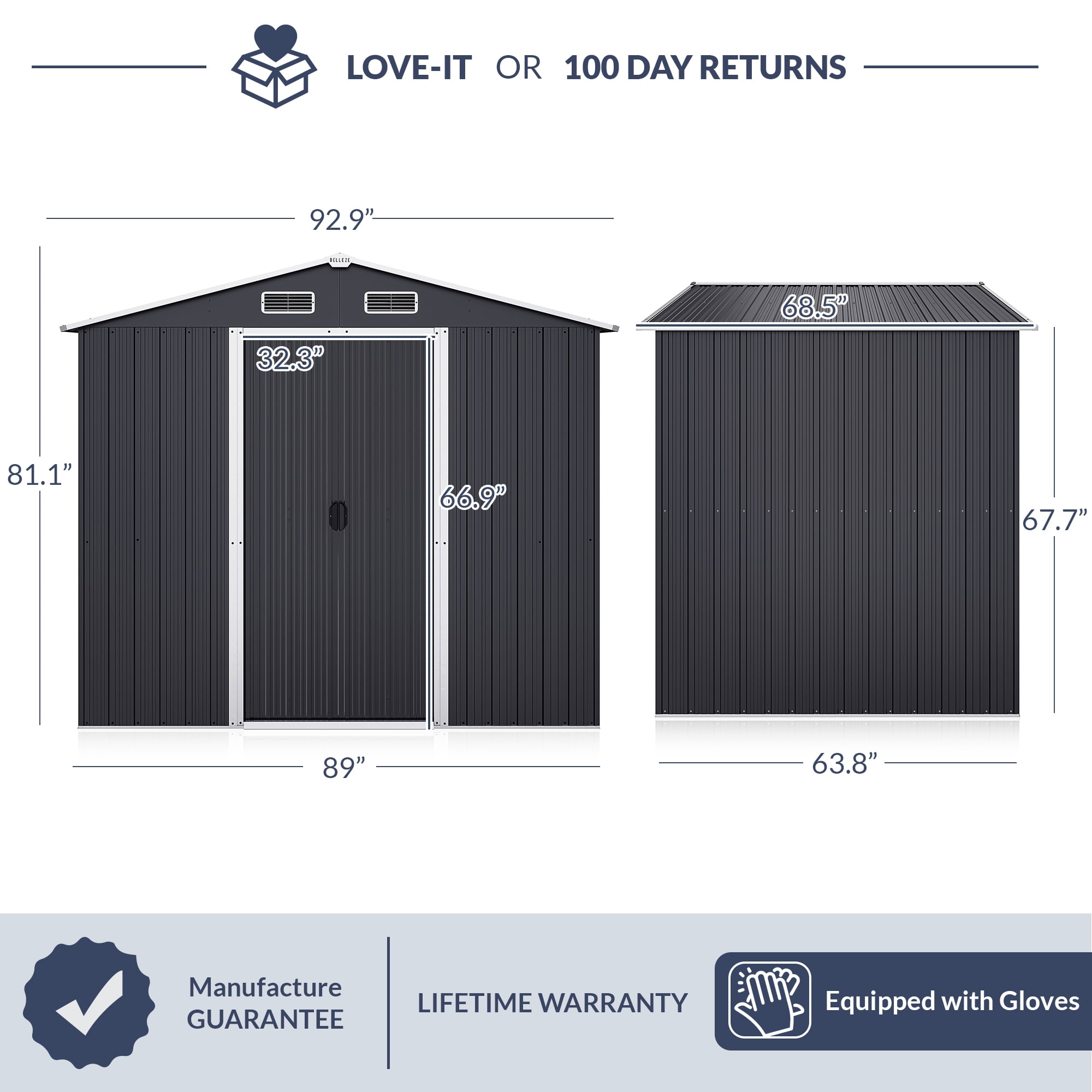 BELLEZE 8 x 6 FT Outdoor Storage Shed, Reinforced Garden Shed with Air Vent, Lockable Door, Weatherproof Metal Outside Storage Shed for Store Bike, Tools, Lawnmower, Outdoor Chairs in Backyard, Patio