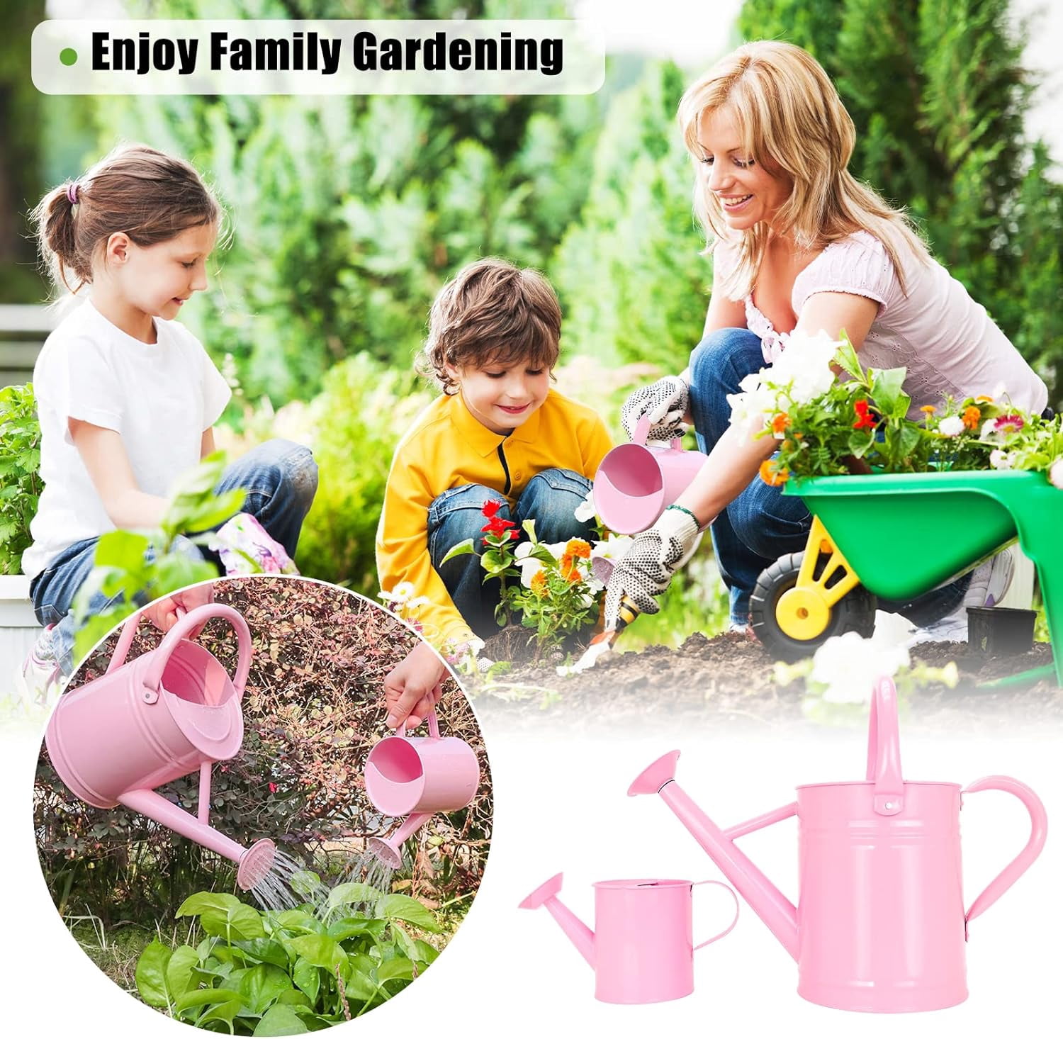Metal Watering Can (1 Gallon) for Outdoor&Indoor Plants with Free Small Watering can for Kids, Plant Watering Can with Removable spout, Perfect for Garden Flower, Houseplants, Pink