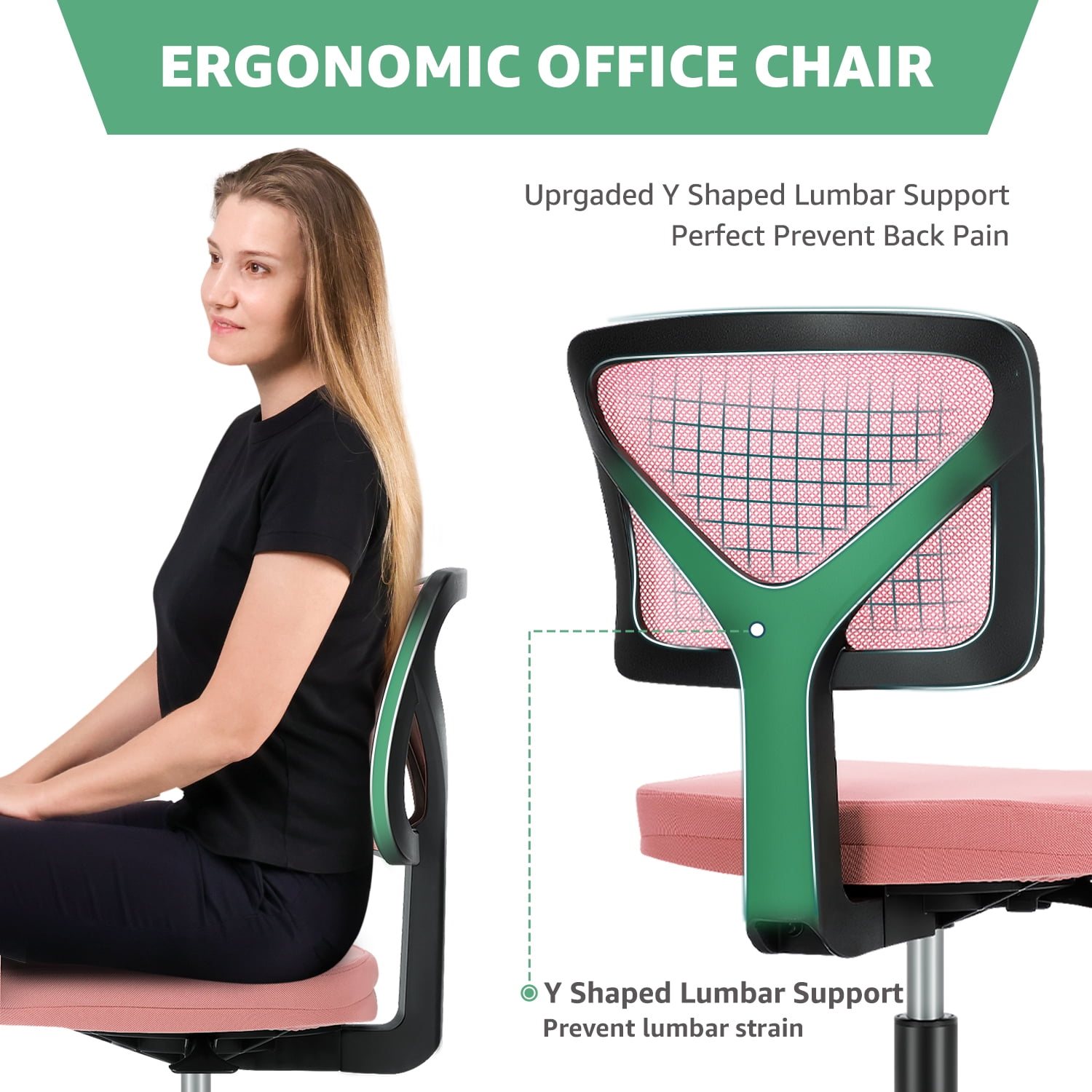 JOINSUN Armless Desk Mesh Office Chair, Adjustable Height Ergonomic Low Back Vanity Task Desk Chair with Wheels, Pink