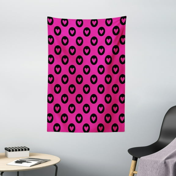 Hot Pink Tapestry, Cute Pink Hearts inside Big Black Spots Pattern in Symmetric Order Girlish Love, Wall Hanging for Bedroom Living Room Dorm Decor, 40W X 60L Inches, Magenta Black, by Ambesonne