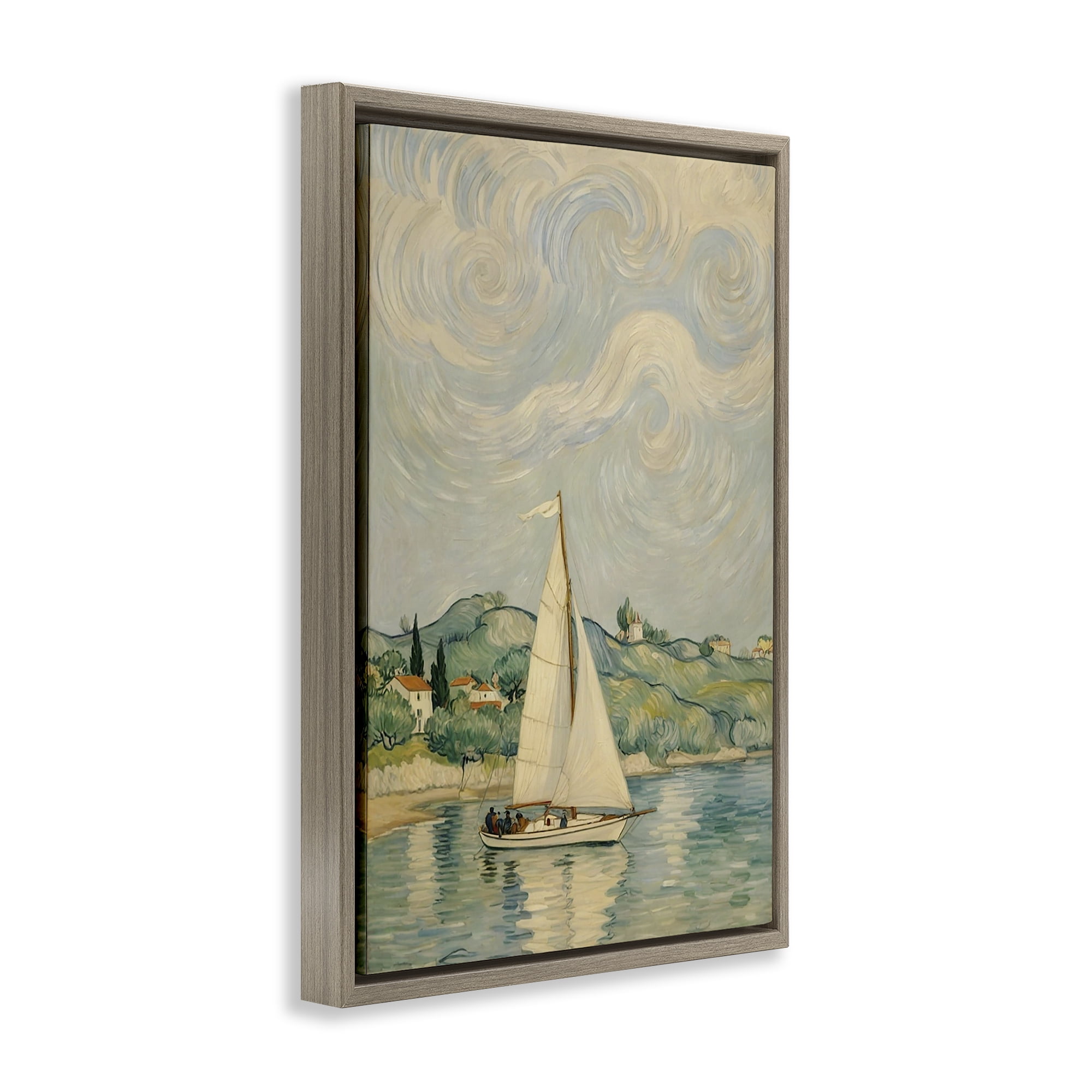 Stupell Industries Sailboat Beneath Swirling Clouds Brown Framed Floater Canvas Wall Art, design by Angie Hawke