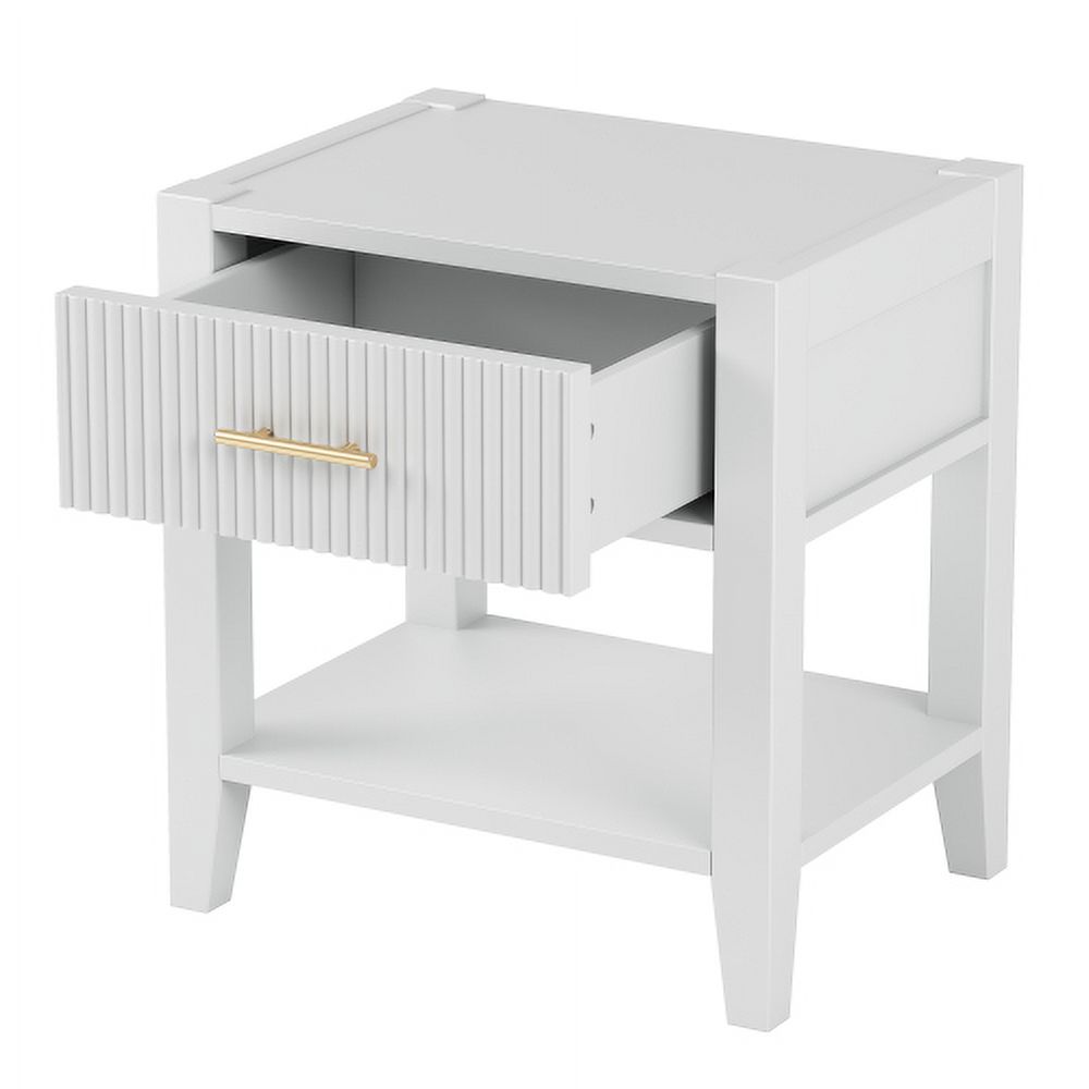 Wooden Nightstand with Gold Handle, Bedside Table with 1 Open Storage and 1 Drawer, End Table for Living Room, Bedroom, White