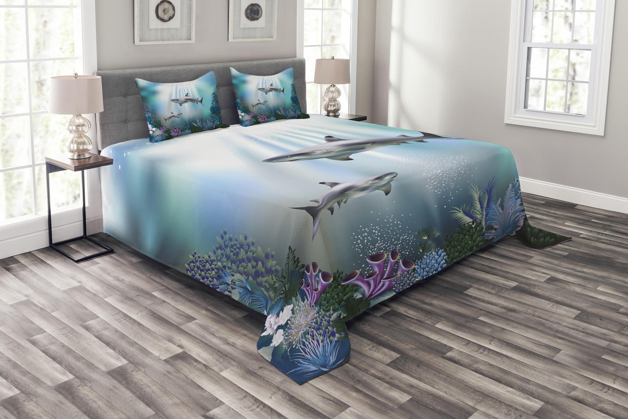 Underwater Bedspread Set King Size, Realistic Illustration Wild Sharks and  Plants Corals Seaweed Aquatic Ocean Life, Quilted 3 Piece Decor Coverlet  Set with 2 Pillow Shams, Multicolor, by Ambesonne - Walmart.com