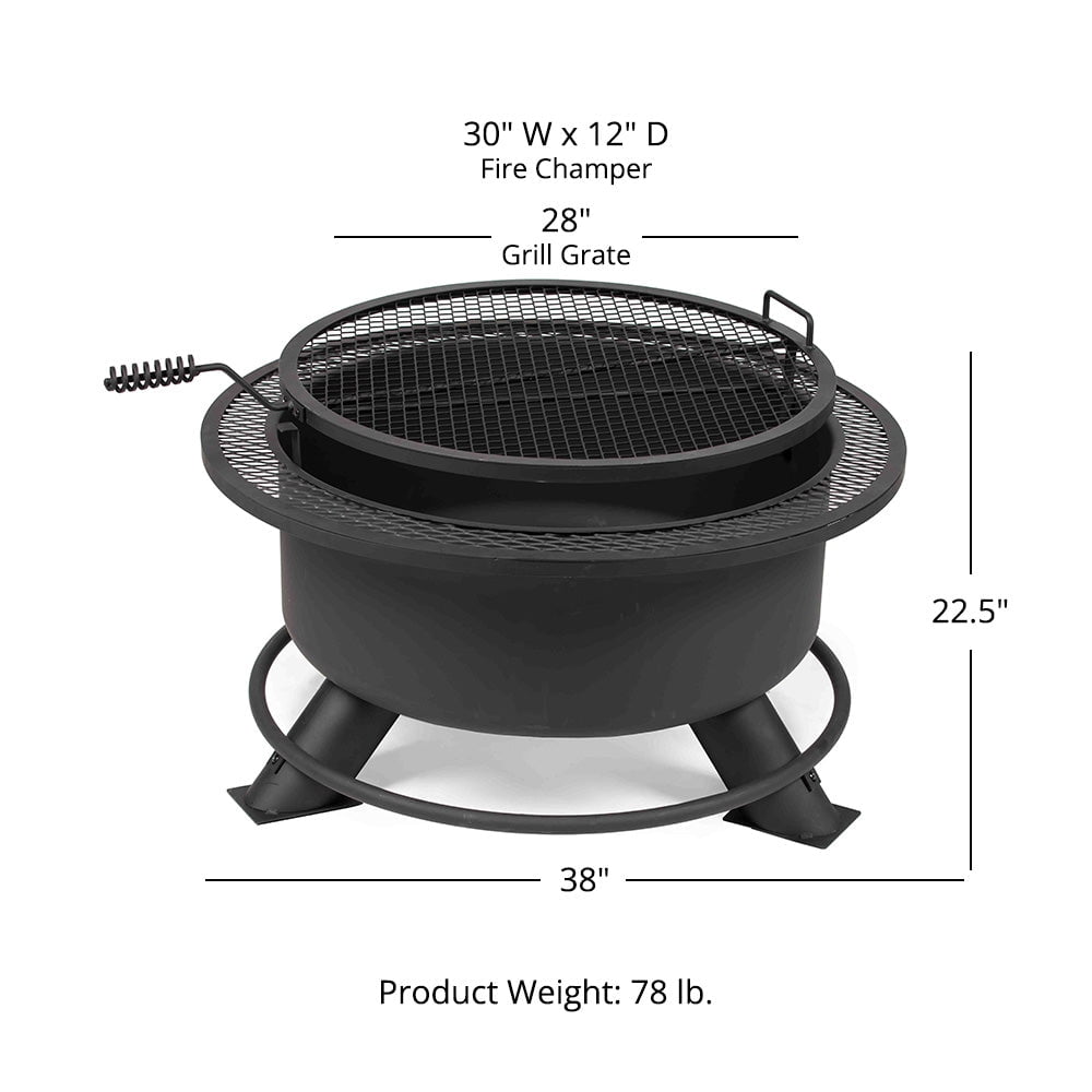 Ash & Ember 38" Round Black Steel Wood Burning Fire Pit with Swivel Cooking Grate and Poker