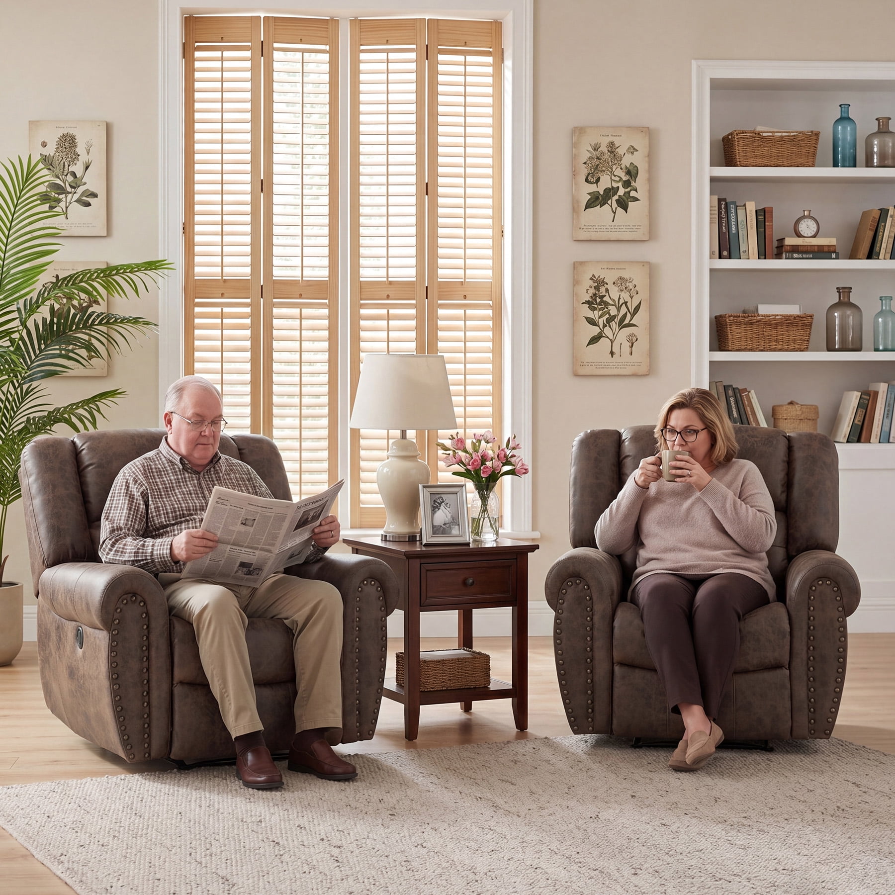 Bonzy Home Electric Power Recliner Chair Set of 2, Modern Reclining Chair with Rivet Trim & USB Port, Classic Single Sofa Home Theater Recliner Seating, Brown