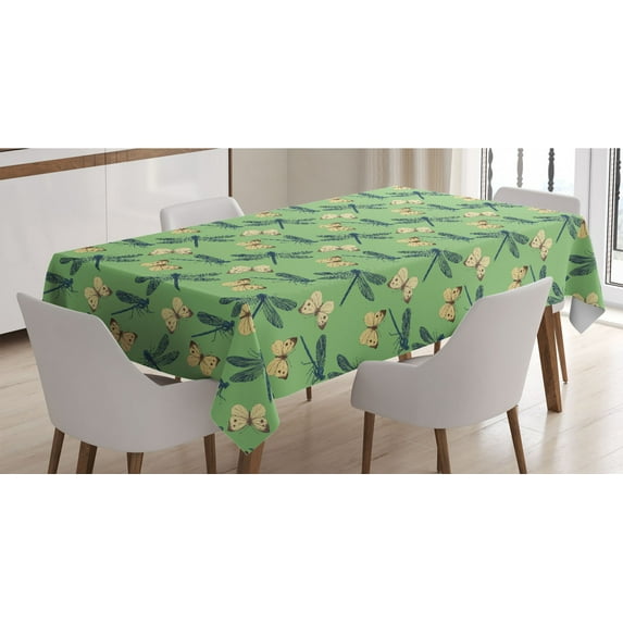 Dragonfly Tablecloth, Random Design of Wild Nature Insects Cabbage Butterflies, Rectangle Satin Table Cover Accent for Dining Room and Kitchen, 60" X 90", Petrol Blue Pale Green, by Ambesonne