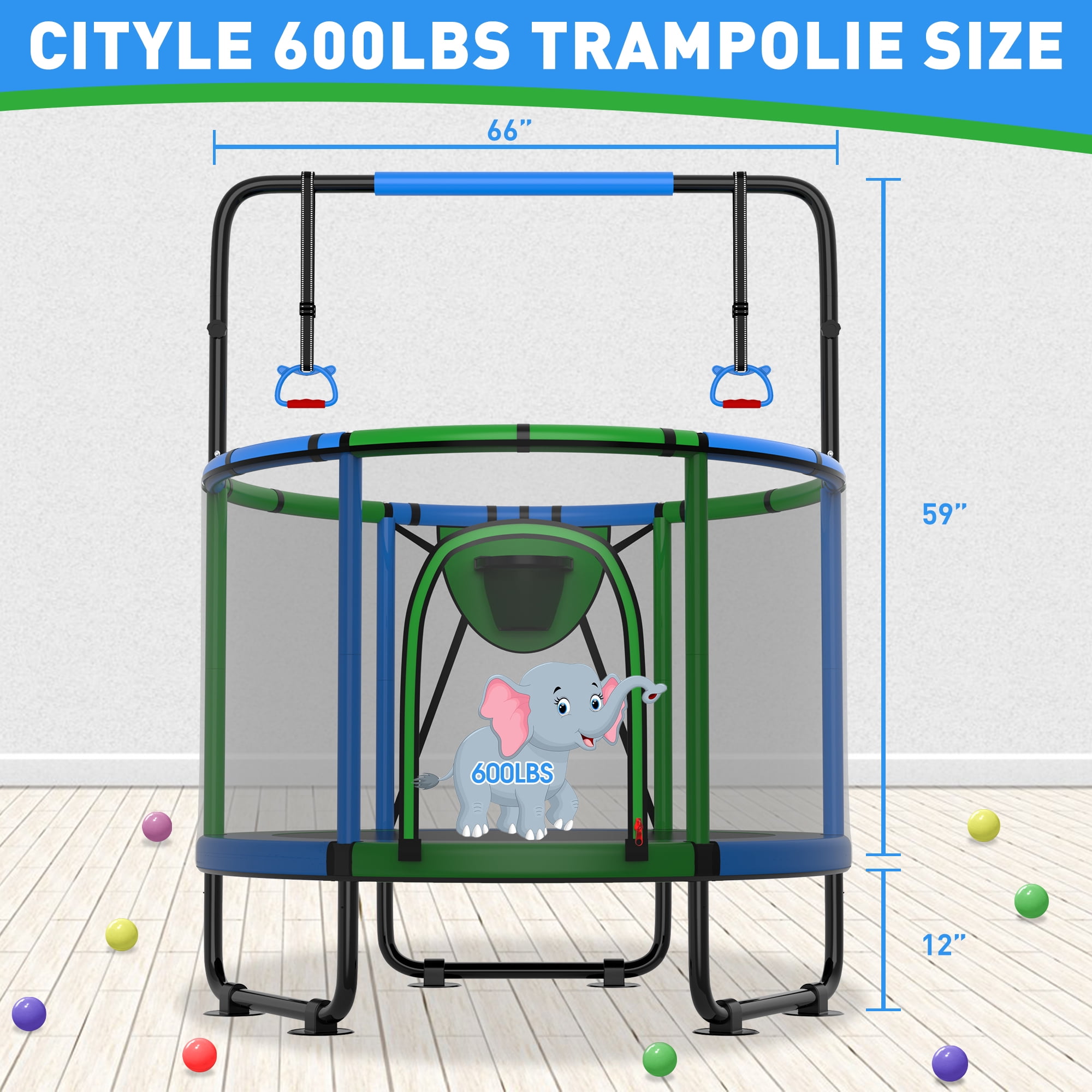 CITYLE 600LBS Trampoline for Toddlers 5.5FT 66'' Indoor Mini Trampoline for Kids with Enclosure, Basketball Hoop, Swing, Adjustable Bar, Small Toddler Trampoline Gifts for Boys & Girls
