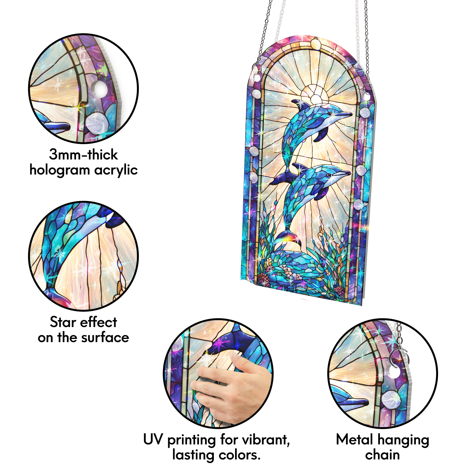 89Bloom Dolphin Stained Glass Hologram Ornament, Stained Glass Suncatcher Ornaments Home Decor, Holographic Ornaments