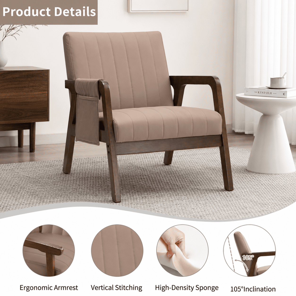 MOONMISS PU Leather Accent Chair,Mid-Century Modern Wood Frame Arm Chair with Side Pocket Cushioned Sofa,Dusty Pink