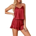 thumbnail image 3 of Ensemble de Pyjamas en Satin 3 Pcs pour Femmes, Haut Cami et Shorts, Vêtements de Nuit avec Robe, Bourgogne, 3 of 5