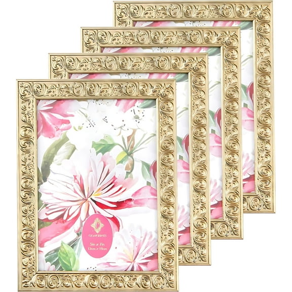 Concepts 5x7 Gold Ornate Picture Frames with HD Clear Glass, Vintage Gold Frame for Tabletop or Wall Display, Home Decorations Gift (set of 4)