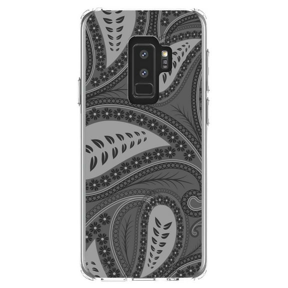 DistinctInk Clear Shockproof Hybrid Case for Samsung Galaxy S9  PLUS (6.2" Screen) - TPU Bumper, Acrylic Back, Tempered Glass Screen Protector - Big Grey Black Paisley