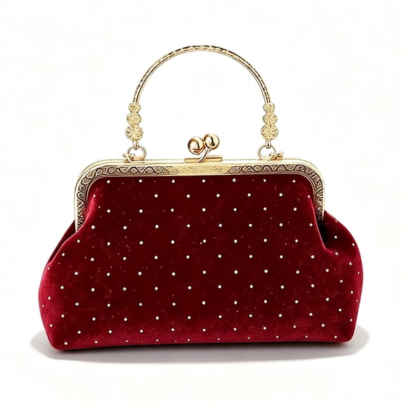 Women's Vintage Velvet Evening Clutch Bag with Rhinestone Accents and Metal Handle