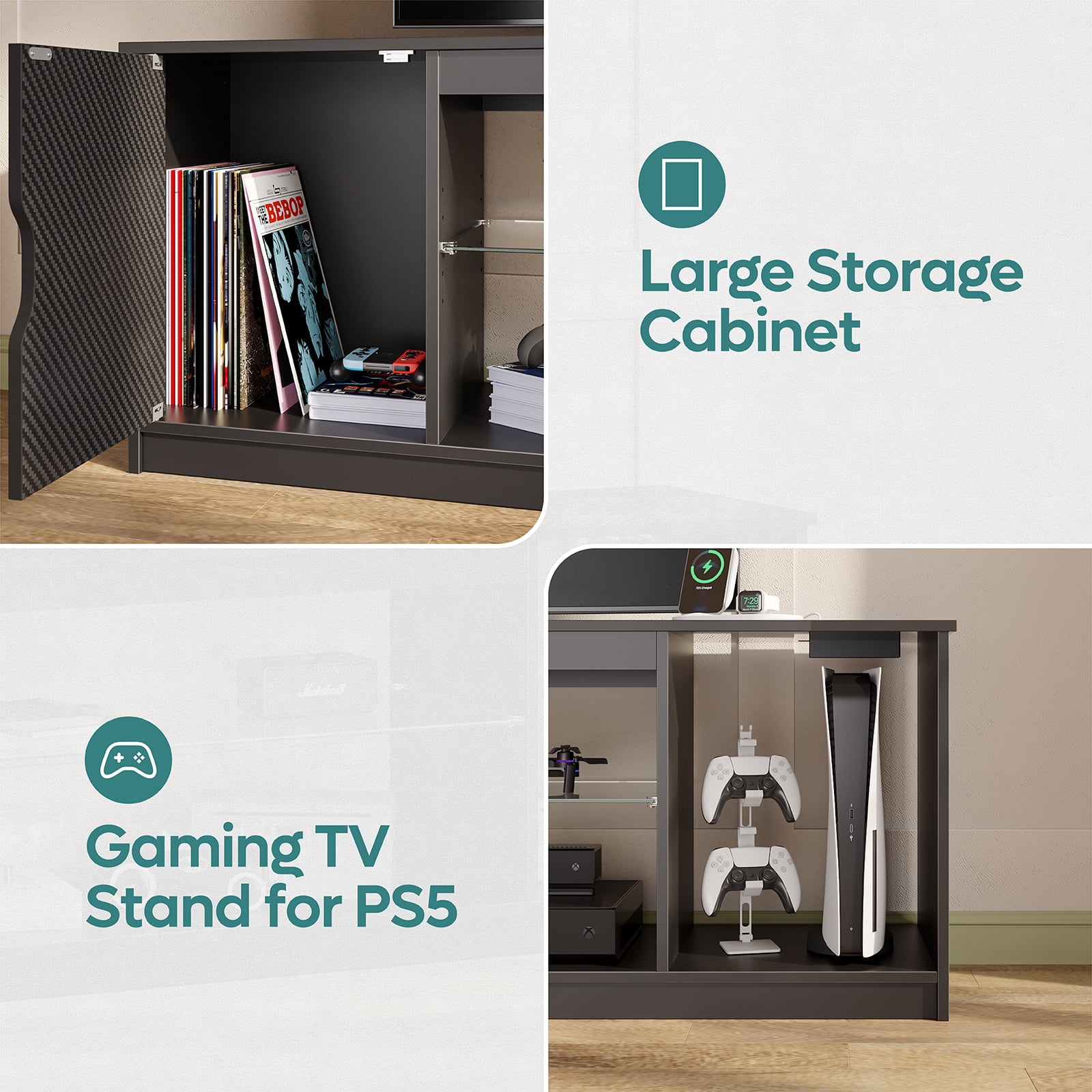 Bestier LED TV Stand for TVs up to 65", Entertainment Center with Power Outlet & Storage Cabinet, Carbon Fiber