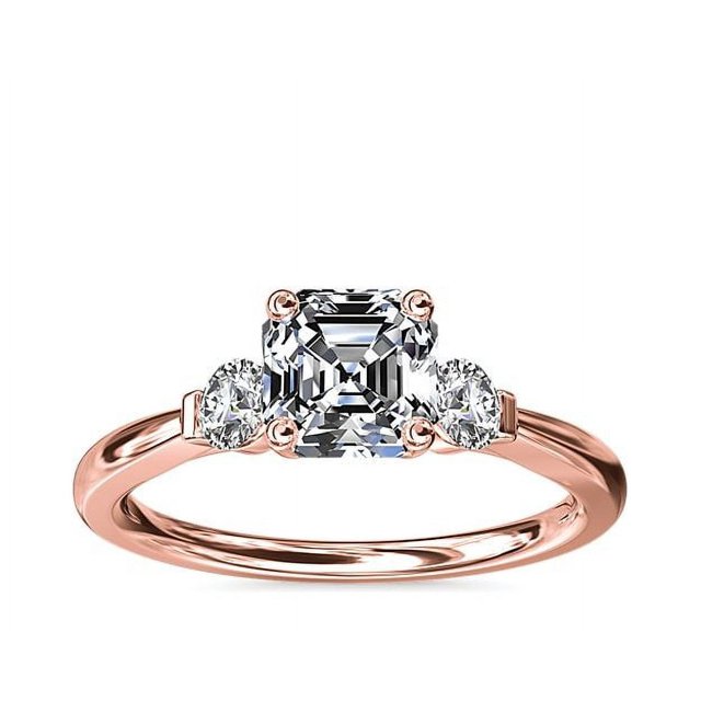 0.70 T.C.W Asscher Shape Natural Diamond Latest Design Three Stone Wedding Ring for Ladies Solid 14K Rose Gold Size 8