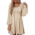 thumbnail image 3 of Womens Casual Smocked Square Neck Dress, Long Sleeve Button Up Empire Waist A-Line Mini Dress, 3 of 6