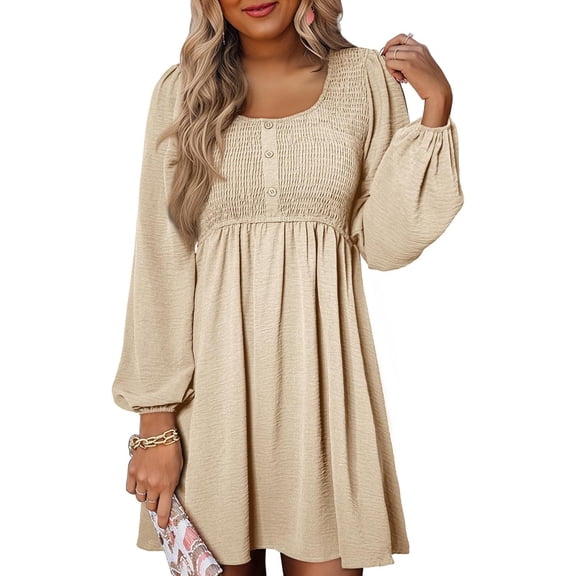 Womens Casual Smocked Square Neck Dress, Long Sleeve Button Up Empire Waist A-Line Mini Dress