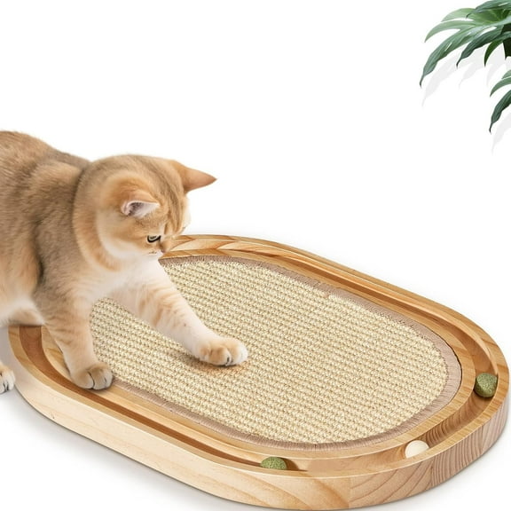Sisal Cat Scratcher Toy with Ball Track, Wooden Interactive Cat Toy for Indoor