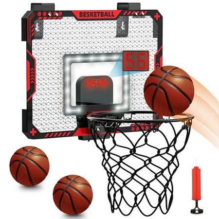 Beefunni Indoor Basketball Hoop for Kids Over The Door Basketball Hoop with LED Lighting Basketball Game Toys with Scoreboard & 3 Balls Mini Hoop Basketball Gifts for 5-12 Boys Girls(Red)
