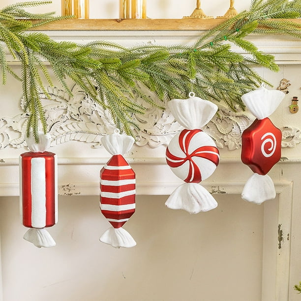 Adorno de caramelos navideños rojo y blanco | Decoración del árbol navideño • Colgante de plástico pintado, multicolor, decoración festiva para colgar • Duradero, fácil de exhibir, 12,2"x5,5"