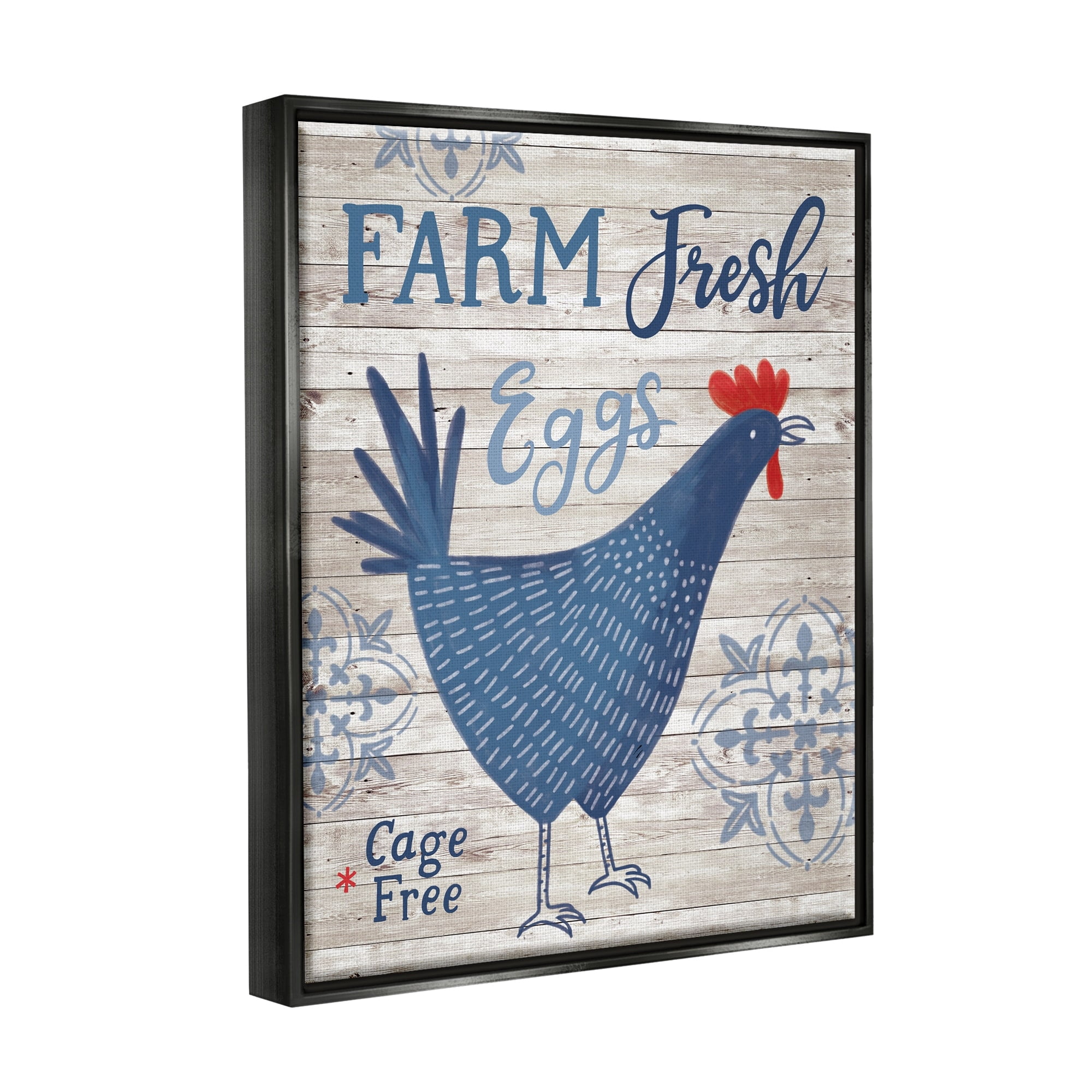 Stupell Industries Farm Fresh Eggs Blue Rustic Chicken Planked Pattern Graphic Art Luster Gray Floating Framed Canvas Print Wall Art, Design by Nina Seven
