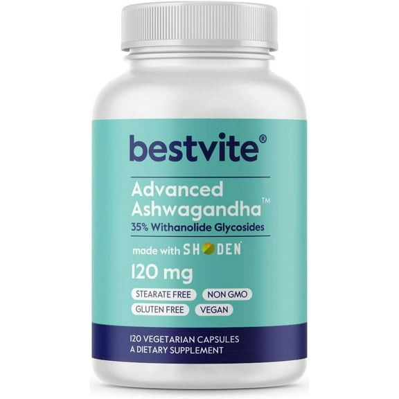 Bestvite Advanced Ashwagandha 120mg w/ Shoden (120 Vegetarian Capsules) - Clinically Studied Containing Industry leading 35% Withanolide Glycosides - No Stearates - Vegan - Non GMO - Gluten Free