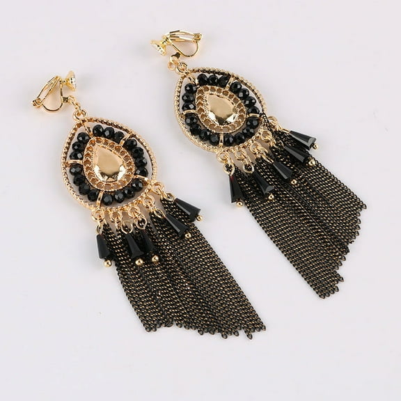 Clip on 3 3/4" Xlong gold and black bead chain dangle earrings