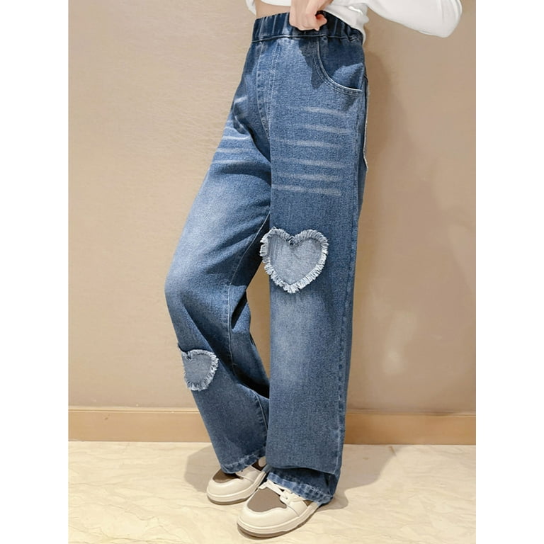 Sinleey Kids Girls Raw Edge Heart-Shaped Patch Wide Leg
