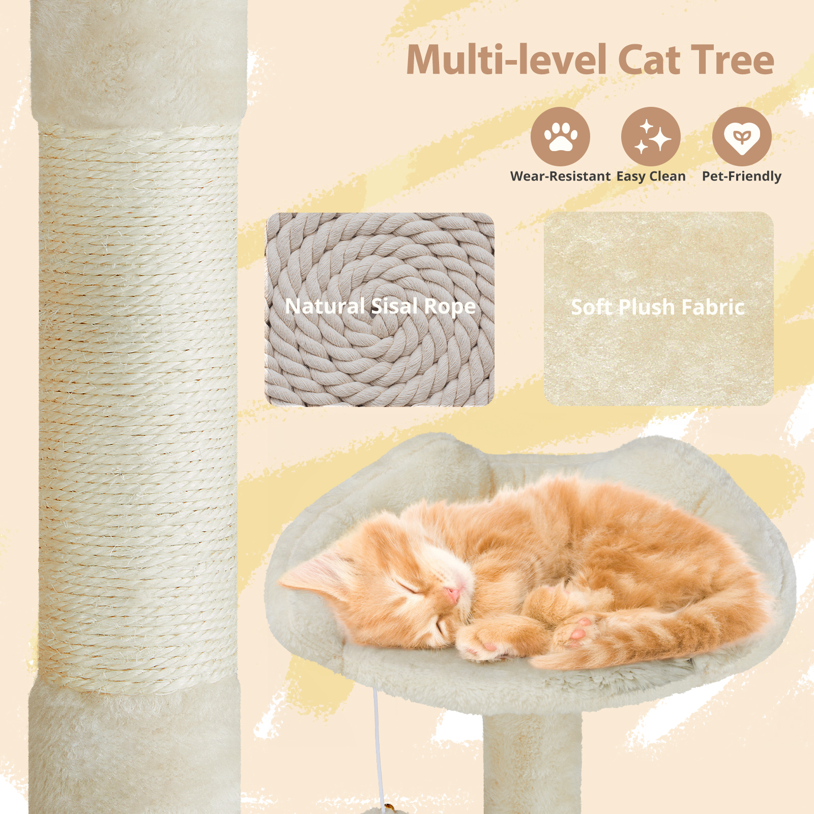 Cat Tree, 54-Inch Cat Tower with Sisal Scratching Post, Multi-Level Plush Cat Tree with Climbing Ladder, Beige