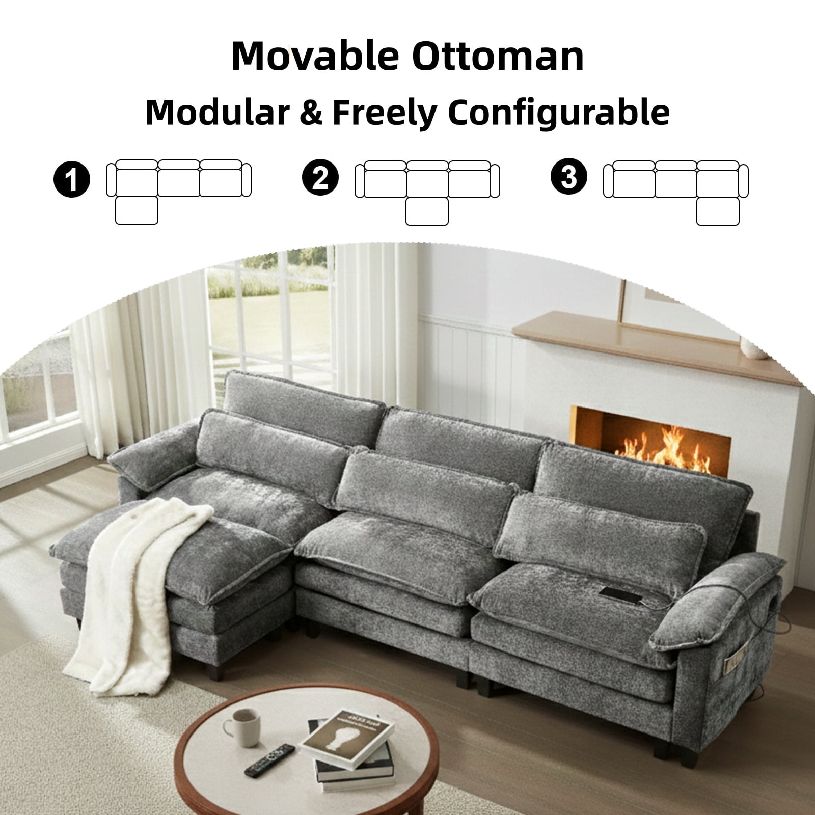 Aisword 113" Modular Sectional Sofa,L Shaped Modern Cloud Couch with Ottoman,3-Seat Chenille Deep Seat Sofa,USB Port,Grey