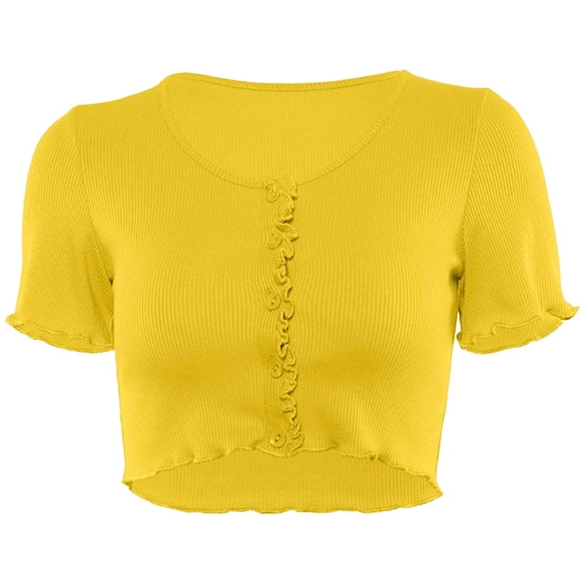 Tank Crop Tops Y2K Women Button Knitted Short Sleeve - Yellow
