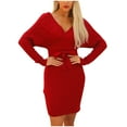 thumbnail image 2 of 50 % de Réduction! Robes de Bal pour Femmes, Mode Décontractée Aguichant Col en V Tricoté Sac Hanche Couleur Unie Manches Longues Robe Vin P, 2 of 9