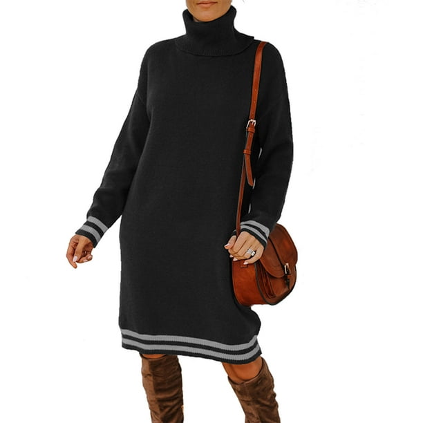 Long Sleeve Sweater Dress, Machine Washable Knee Length Turtleneck
