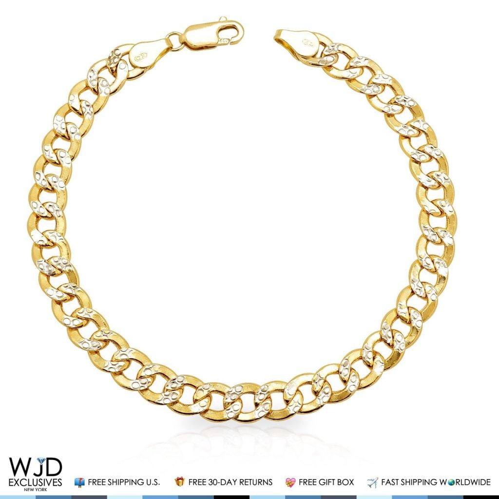 14K Yellow Gold 5.5mm Diamond Cut White Pave Italian Figaro Chain Bracelet 8"