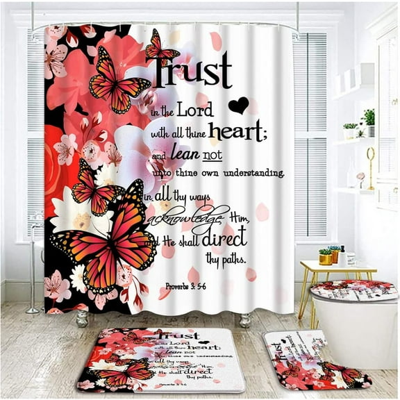 4 Piece Floral Inspirational Quote Shower Curtain Sets with Rugs, Toilet Lid Cover , Motivational Word Proverb Rustic Red Black Flower Butterfly Farmhouse Spring Bathroom Shower Curtain with 12 Hooks