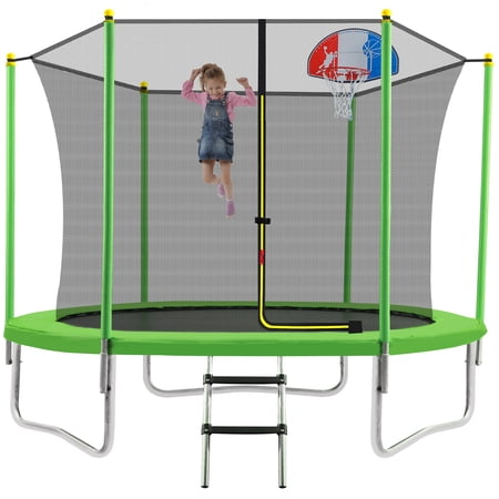 Seizeen 10 FT Trampoline  Jump Recreational Trampolines with Safety Enclosure Net  Basketball Hoop and Ladder  Outdoor Trampoline for Kids Teens Adults  Green  L0192
