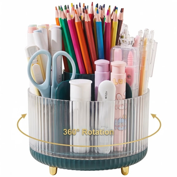Desk Organizer,360 Rotating Plastic Desk Pen Organizer with 7 Slots,Dual-Purpose Art Supply Pencil Cup for Office,Home(Blue)