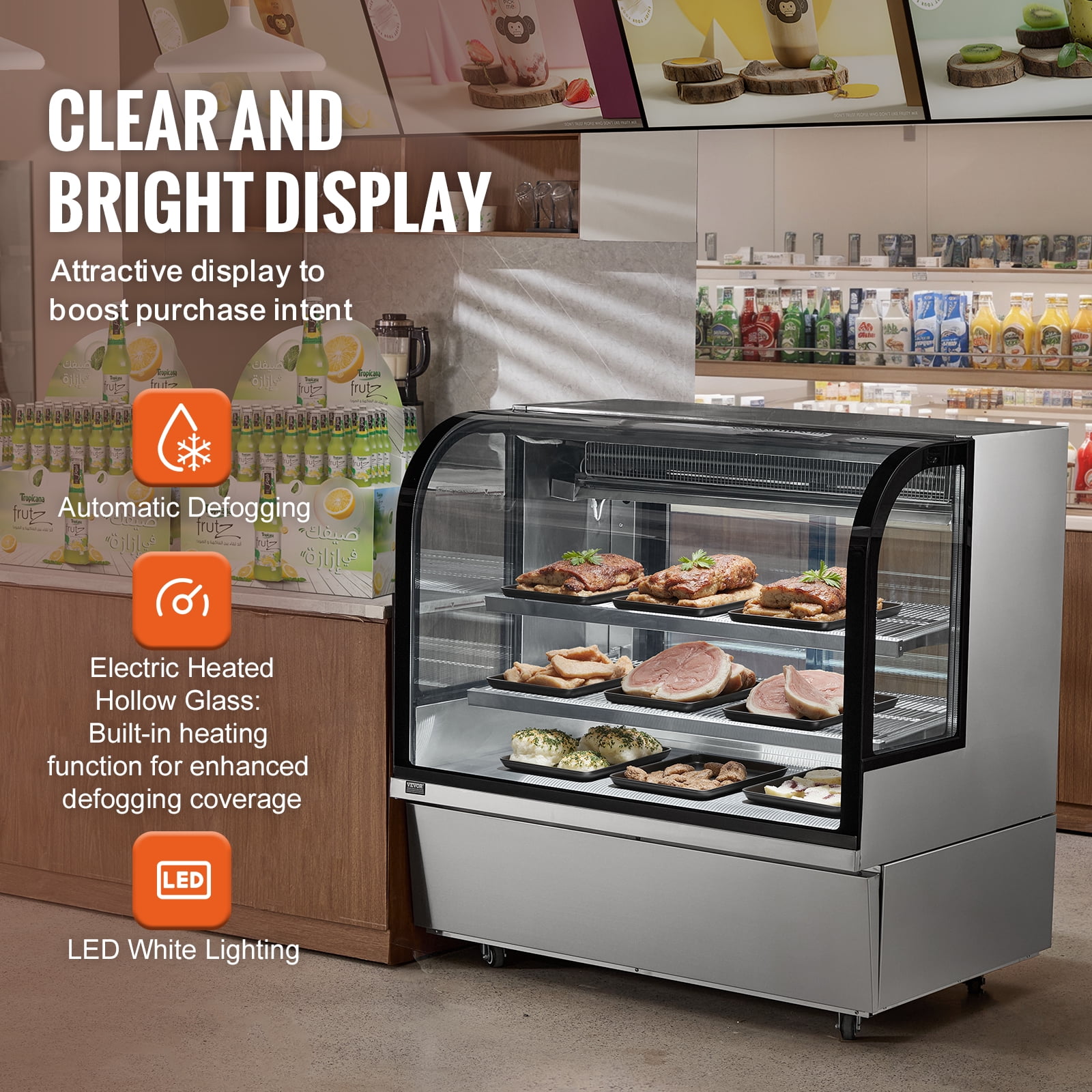 VEVOR Refrigerated Display Case, 18 Cu.Ft./505L Large Pastry Display Case, 2-Tier Commercial Display Refrigerator with LED Lighting, Downdraft Cooling, Movable with Casters, for Bakery