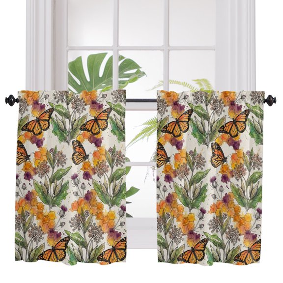Autumn Monarch Butterflies Bathroom Window Curtain, Wildflowers Botanical Foliage Light Filtering Coffee Kitchen Curtains, Bedroom Living Room Curtains 2 Panel 84"x45"