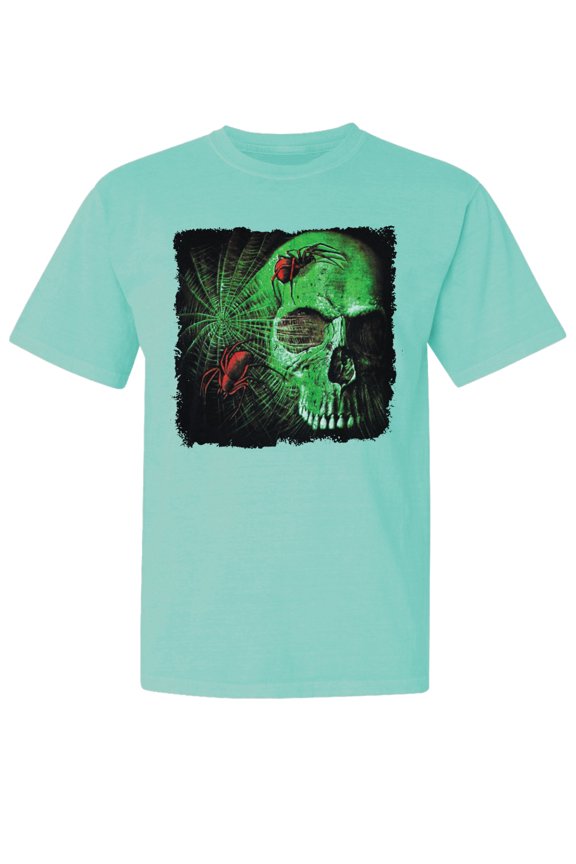 ,Creepy Bug Insect Skeleton Skull Face, Streetwear, Garment-Dyed Washed Look Short Sleeve T-Shirt, Mint, Small